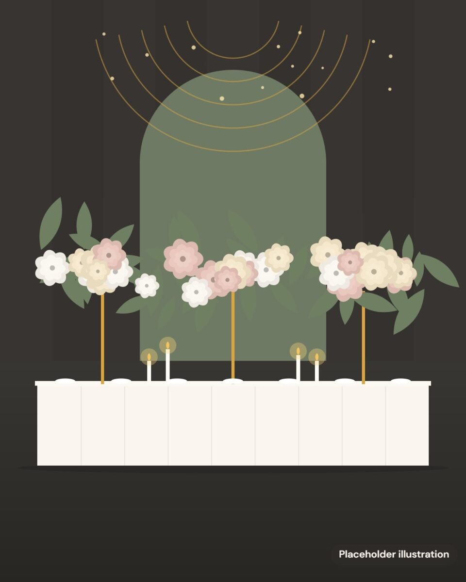 Placeholder illustration: gala room with a sage arch backdrop, gold chandelier rings and a long table with tall ivory and blush centrepieces