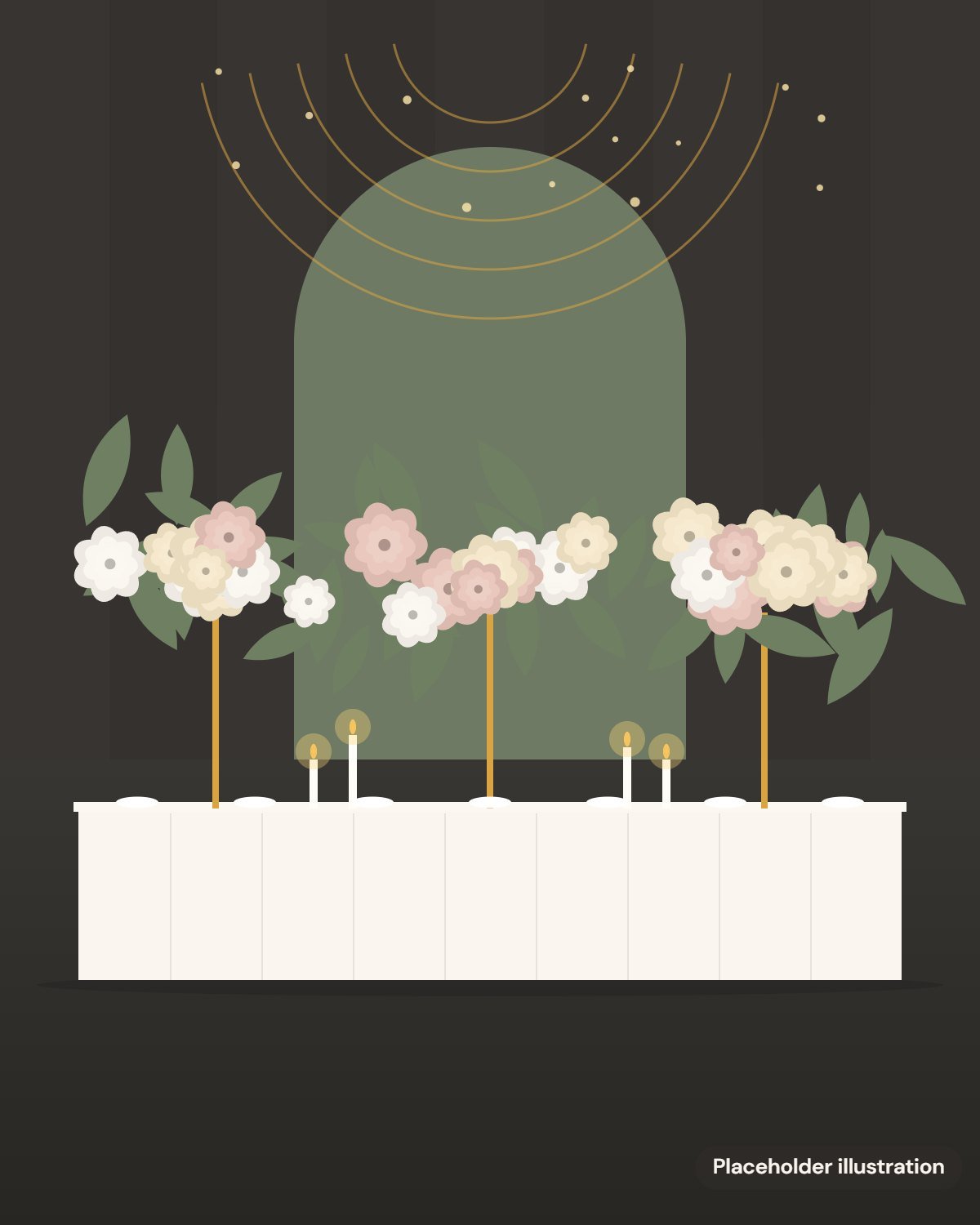 Placeholder illustration: gala room with a sage arch backdrop, gold chandelier rings and a long table with tall ivory and blush centrepieces