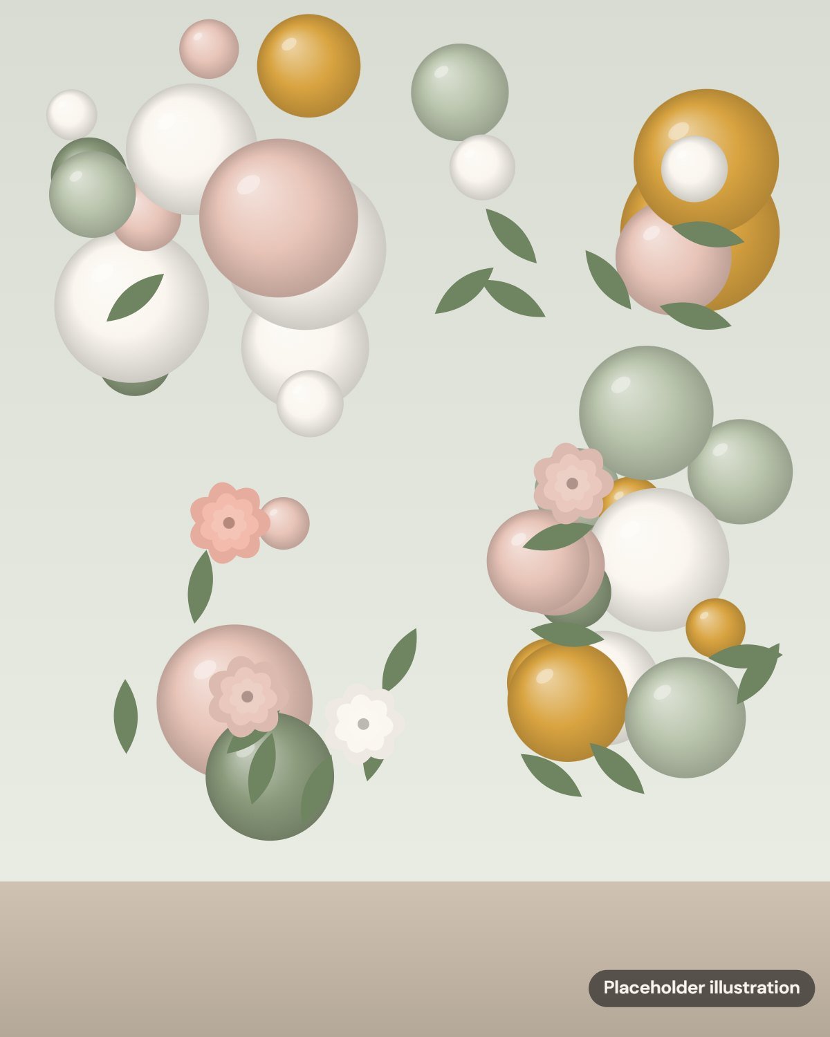 Placeholder illustration: sage, blush and ivory balloons tucked with greenery