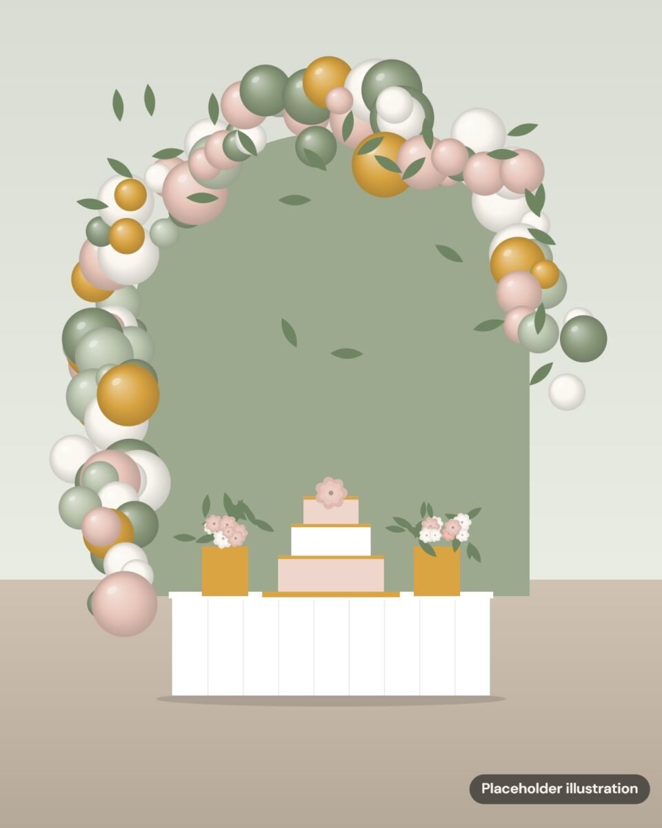 Placeholder illustration: organic sage, blush and gold balloon garland arching over a dessert table with a tiered cake
