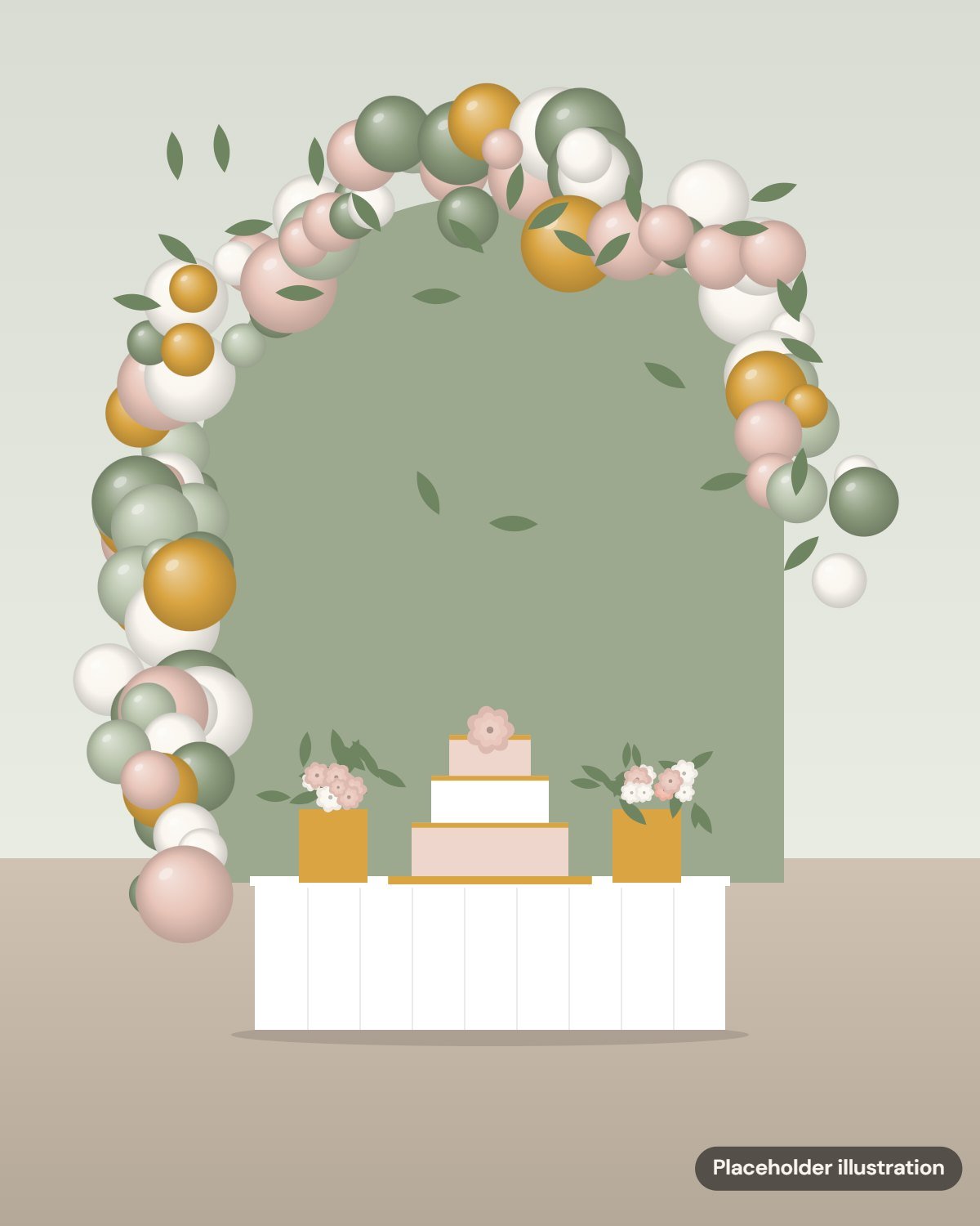 Placeholder illustration: organic sage, blush and gold balloon garland arching over a dessert table with a tiered cake