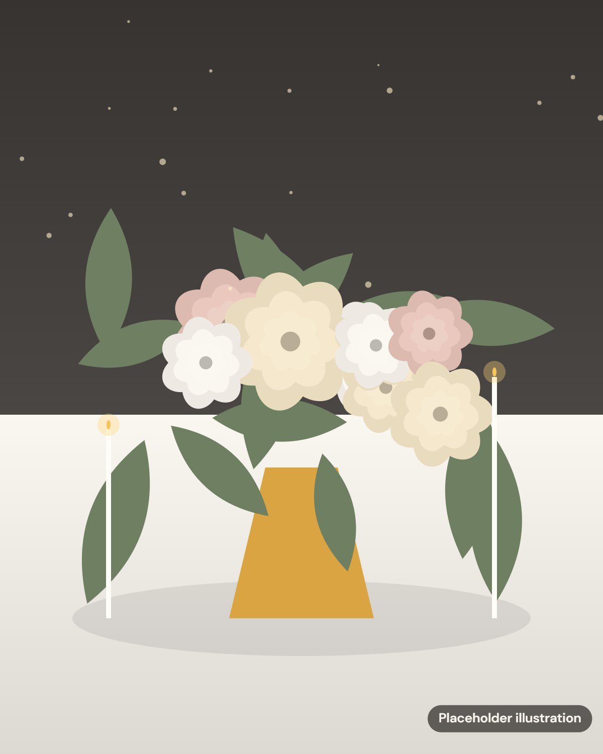 Placeholder illustration: tall gold vase of ivory and blush roses between taper candles