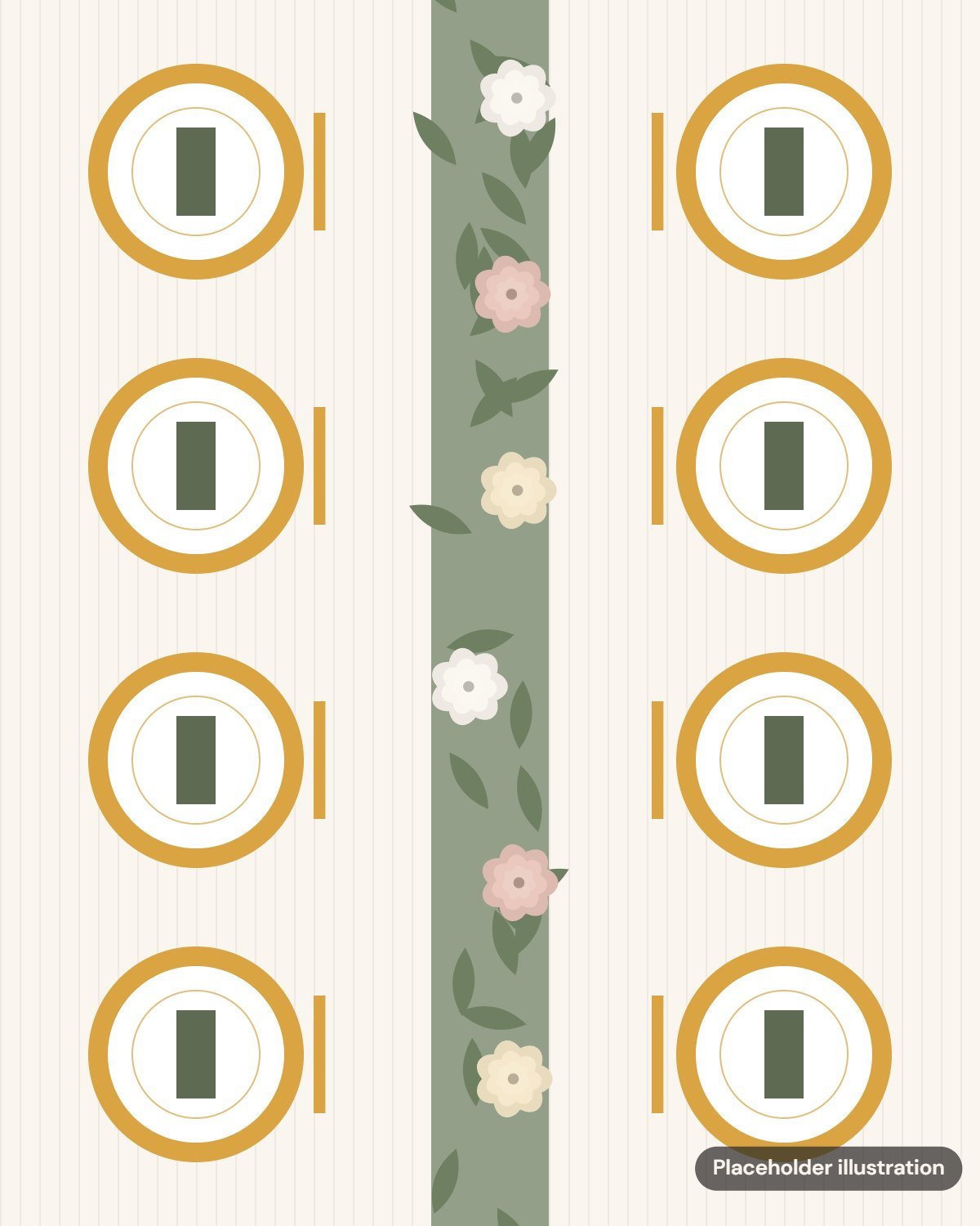 Placeholder illustration: overhead view of gold-rimmed place settings along a greenery runner