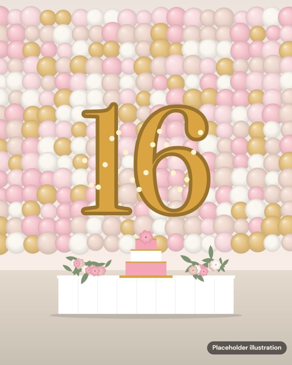 Placeholder illustration: pink, blush and gold balloon wall with a large gold 16 and a pink tiered cake
