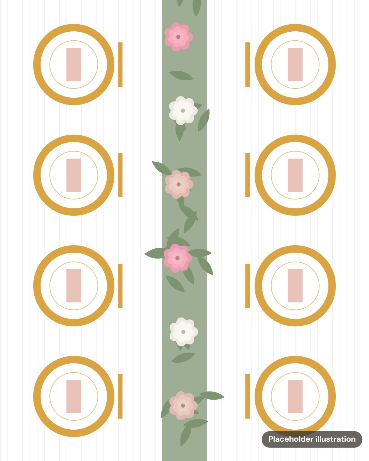 Placeholder illustration: gold-rimmed place settings with pink accents along a greenery runner